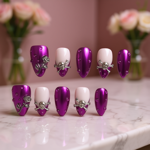 Uñas Postizas Ovaladas Cortas de Lujo, Color Blanco y Rosa, Estilo Chic Aura, Uñas Artificiales, Juego de Uñas Postizas Estilo Francés - Product Image 2