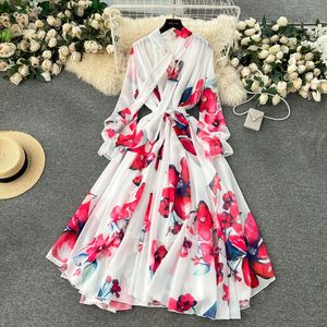 Bán Buôn Mùa Hè Hoa In Dresses New Pháp Phong Cách Thanh Lịch Ren Up Bow Cổ Mỏng Phù Hợp Với Voan Của Phụ Nữ Ăn Mặc - Product Image 1