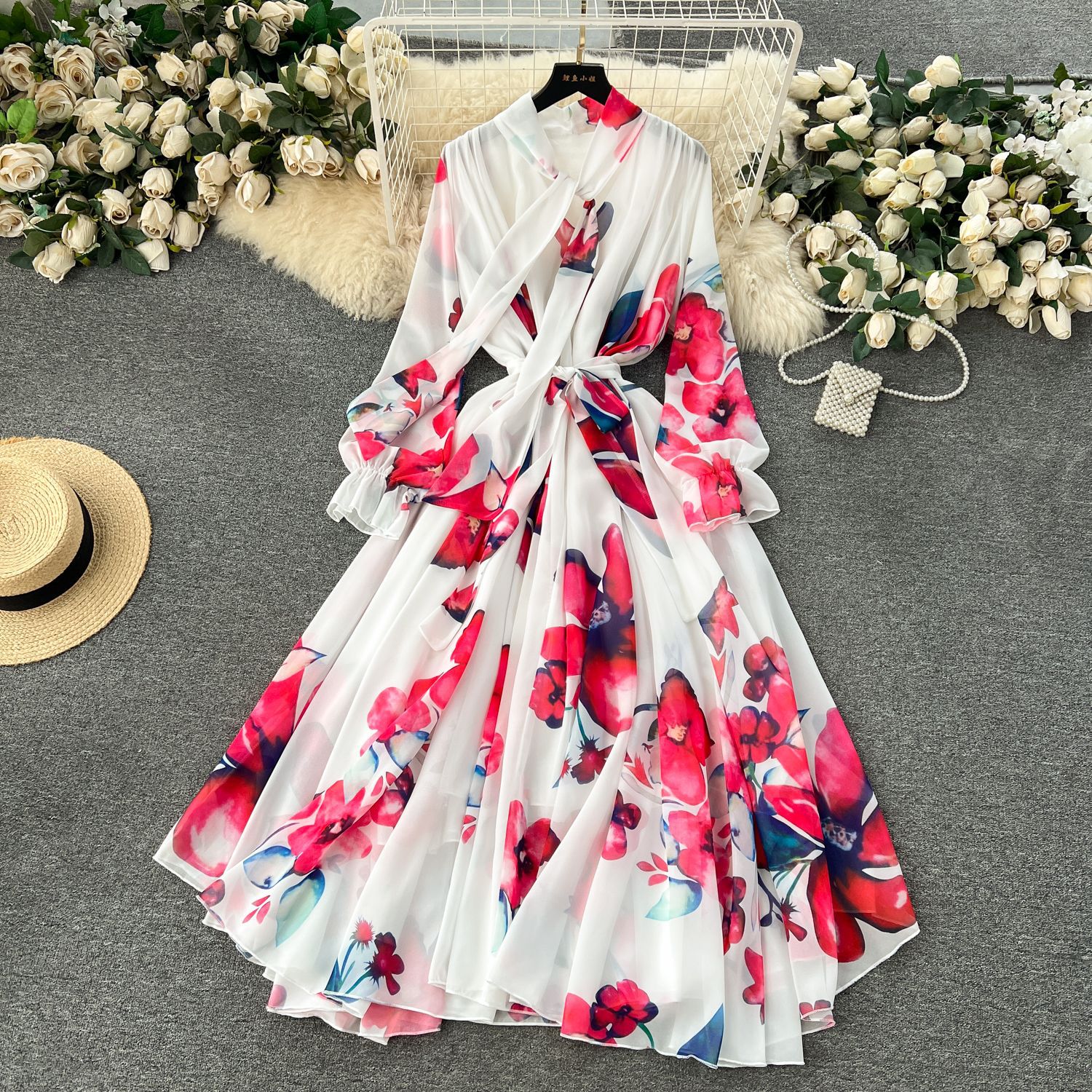 Robe D'été Femme - Vert - Manches Longues - Taille 38 - Mousseline Polyester