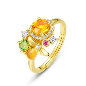 Summer jewelry gold plated synthetic citrine bee nano stone white cz 925 silver ring