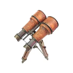 Nautical Antique Brass Leather Grip Binocular With Wooden Tripod For Sale Wholesale Manufacturer Export