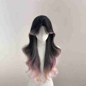 Peluca Larga Rizada Natural con Flequillo Lateral, Teñida de Rosa, con Raya al Centro, de Encaje Frontal Completo, Cabello Sintético para Mujer - Product Image 1