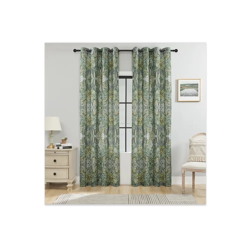 寝室のための聖パトリックのスタイルの緑のカーテンリビングルームの窓のグロメットトップのための半薄手のプリントリーフカーテン
