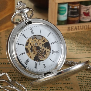 <span class=keywords><strong>Montre</strong></span> de poche mécanique 2023 avec boîtier double Hunter lisse argenté, cadran squelette Steampunk et chaîne, personnalisable - Product Image 2