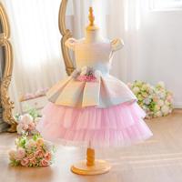 Vestido de tutú para niñas, con degradado de color, decoración floral en la cintura, falda de tul multicapa, atuendo formal para cumpleaños, niña de las flores, escenario o evento.