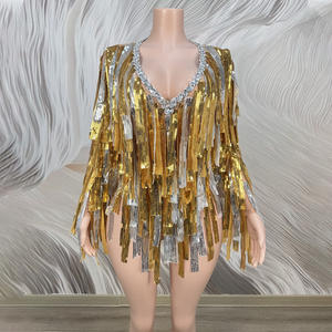 Traje de Baile <span class=keywords><strong>Latino</strong></span> para Mujer Novance Y5565, Brillante con Lentejuelas y Borlas, Elegante, Dorado, de Manga Larga, de una Pieza - Product Image 1