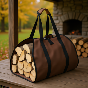 Bolsa para transportar leña, ovalada, marrón, resistente al desgaste, para almacenamiento de leña, con asa para guardar leños de chimenea - Product Image 2