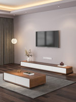 Meuble TV mural en noyer au design minimaliste moderne, meuble TV en bois avec tiroirs de rangement et étagère, table basse