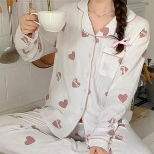 Conjunto de <span class=keywords><strong>Pijama</strong></span> Personalizado para Mujer, Otoño <span class=keywords><strong>Invierno</strong></span>, Manga Larga, Cárdigan, Pantalones, Estampado de Amor, Estilo <span class=keywords><strong>Burbuja</strong></span> Arrugada, para Uso en el Hogar - Product Image 2