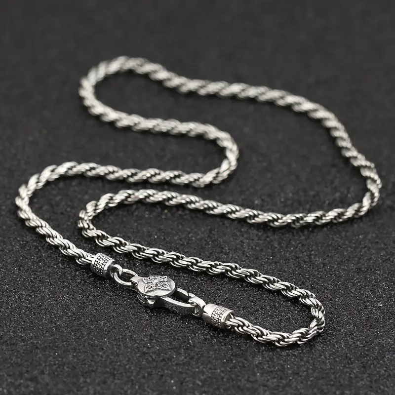 3mm 925 Sterling Silver Jewelry Hand Braided Hemp Rope Necklace for Men and Women Vajra Long Silver Chain