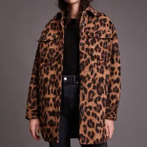 Wholesale Custom Fashion Winter Clothing Ladies Fleece Jacket Outerwear Brown Leopard Print Women Coat