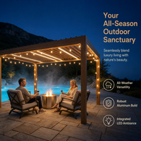 Pergola bioclimatique motorisée moderne de luxe en aluminium avec toit à lames orientables et guirlandes lumineuses pour balcon de piscine et espace extérieur