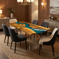 Table de luxe moderne style océanique en bois de noyer sud-américain avec plateau en résine époxy transparente bleu lac brillant