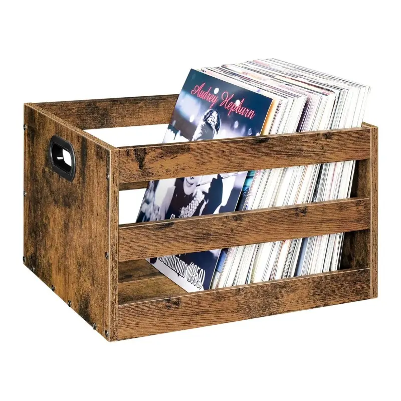 長方形ビニールレコード収納オーガナイザーレコードディスプレイホルダーヴィンテージウッドファイル収納クレート素朴な茶色の収納ボックス