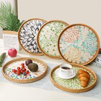Plateau de service en rotin avec incrustation de nacre, style vintage, qualité alimentaire, multifonction, portable, support de rangement unique pour vaisselle, pour la maison