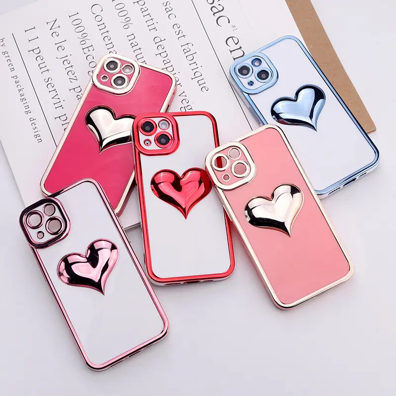 3D Love Heart Cute Girls Women Phone Case For iPhone 13 Pro Max Luxury Electroplating TPU Phone Cover For iPhone 12 11 Pro