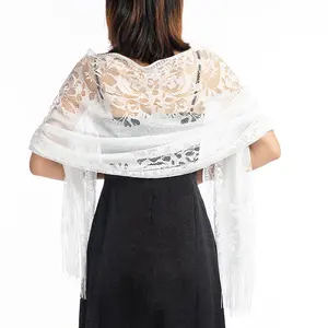 HZW-22019 Women's Floral Lace Mesh For Evening Party Prom Wedding Shawl Scarf With Fringes