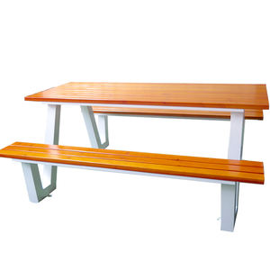 Mesa y Banco Apilables para Patio de Campus, <span class=keywords><strong>Cafetería</strong></span> o <span class=keywords><strong>Picnic</strong></span> al Aire Libre, Juego de Mesa y Banco de Comedor de Madera de Teca Sólida - Product Image 1