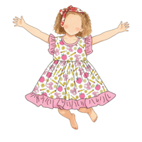 Robe d'été pour filles, style boutique, vente en gros, imprimé fleurs et pommes, manches volantées, pour la rentrée scolaire