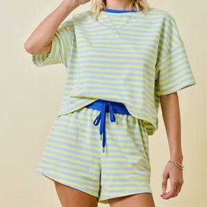 Conjunto de Dos Piezas de Sudadera de Manga Corta a Rayas con Cuello Redondo para <span class=keywords><strong>Mujer</strong></span>, Logotipo Personalizado, Venta al Por Mayor, Fabricante - Product Image 3