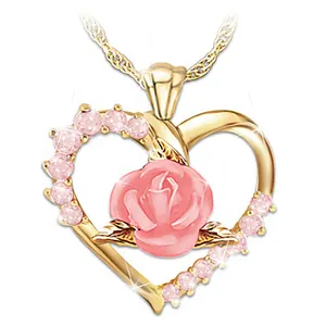 吊坠项链新款钻石锆石粉色玫瑰花心形情人节礼品吊坠锁骨短锁链