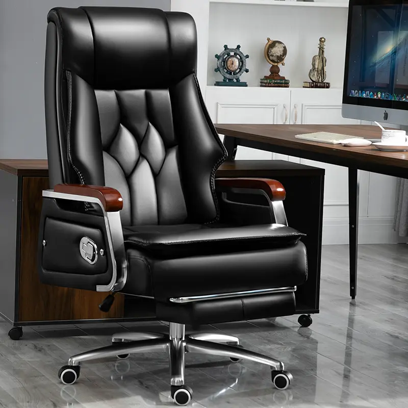 Cadeira ergonômica reclinável preta de luxo, massagem ceo boss de 7 pontos de couro genuíno com cadeira para escritório e escritório