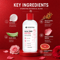 Tónico Facial Mayorista Suave para el Cuidado Diario de la Piel, Refrescante Post-Limpieza, Equilibrante e Hidratante con Pétalos de Rosa y Hamamelis