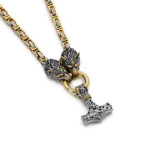 Collana bizantina KALEN Punk acciaio inossidabile <span class=keywords><strong>con</strong></span> <span class=keywords><strong>ciondolo</strong></span> testa di <span class=keywords><strong>lupo</strong></span> nordico - Product Image 1