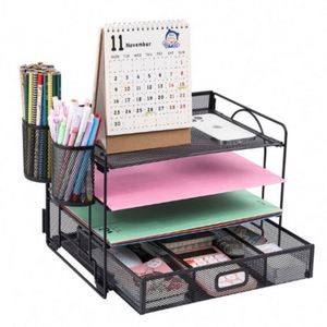 Metal 4-Trays Desktop <b>File</b> <b>Organizer</b> with Pen Holder Letter Tray Paper <b>Organizer</b> with Drawer and Pen Holders - Product Image 1