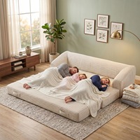 Sofá Cama Plegable 2 en 1 en Forma de L, Estilo Francés, Tapizado en Corduroy Gris, Respaldo Grueso, Asa de Transporte