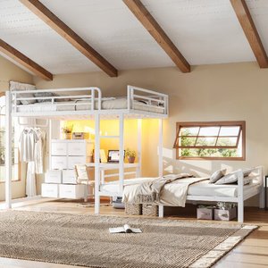 Lit superposé moderne entièrement métallique avec 8 tiroirs, bureau d'étude, étagères de rangement, tringle à vêtements et port USB – Robuste pour dortoir/appartement - Product Image 2