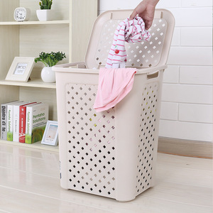 Plastic Rattan Laundry Basket With Lid Rectangle White Off White Lightweight Clothing Organizer Storage Basket For Dirty Clothes - Product Image 1