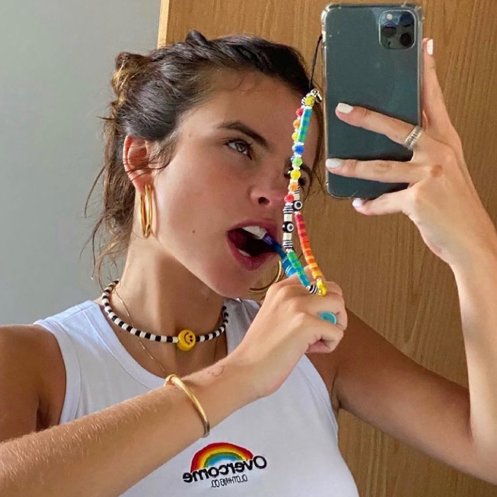 Модный брелок для ключей, цепочка для мобильного телефона, аксессуары, красочное сердце, драгоценный камень, фрукты, Длинные бусины для телефона