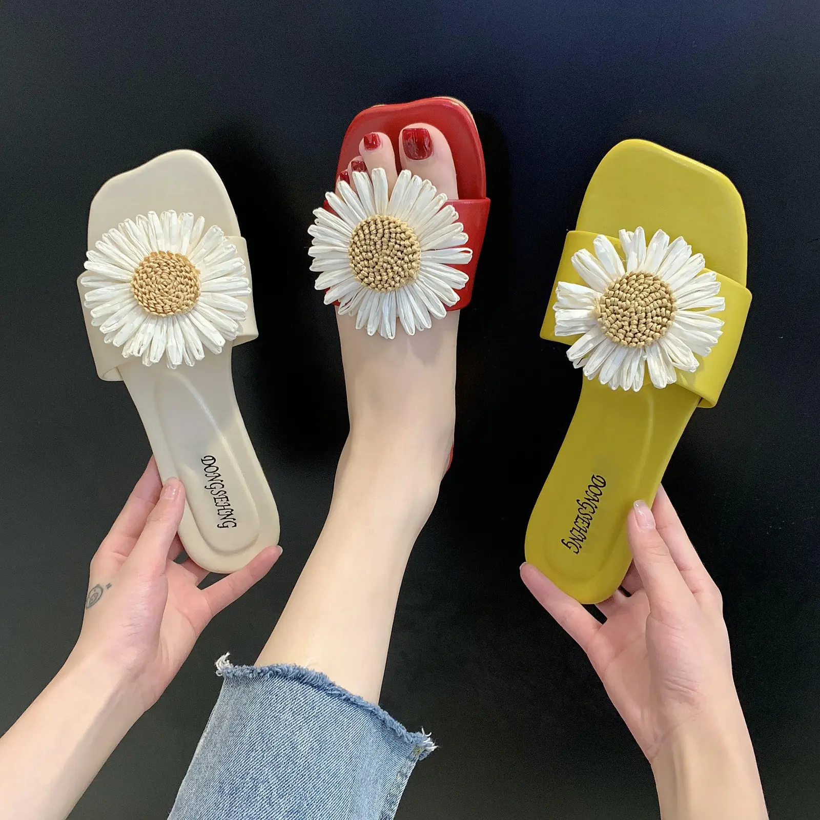 Sun Flower Slipper Summer Mujer Casual Flat Slider Peep Toe Shoes Slip On Beach Sandalias planas