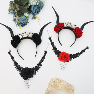 Halloween Stage Decoration Props Cow Horn <b>Headband</b> <b>Black</b> Red Flower Two-piece Set Manufacturer Wholesale - Product Image 4