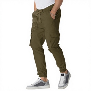 Custom Embroidery Elastic High Men's Casual Sweatpants Loose Workwear Solid Color Multi-Pocket <b>Drawstring</b> <b>Trousers</b> - Product Image 1