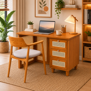 Premium Teak Home Office Desk with Woven <b>Cane</b> Cabinet and Wooden <b>Chair</b> Minimalist Workspace Furniture Set - Product Image 6