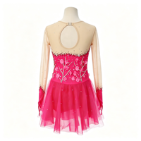 Robe de patinage artistique rose vif avec strass, manches longues en maille et jupe en tulle pour enfants et adultes, pour compétition et spectacle
