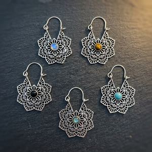 Bohemian Flower Drop Earrings With Natural Stone Inlay Antique Silver Plated Women's Jewelry - Product Image 1