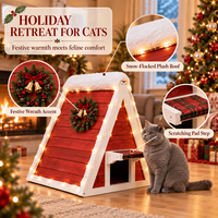 Maison pour chat en bois édition limitée Noël, rouge et blanc, en forme de A, pour intérieur, avec marchepied latéral et coussin, mobilier pour animaux de compagnie