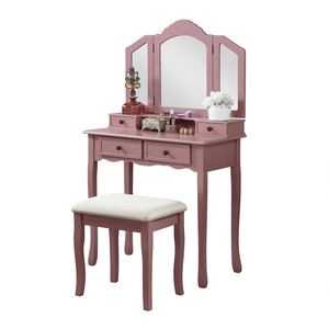 Juego de tocador de madera DB Sanlo con taburete, espejo ajustable, mesa de maquillaje, diseño tradicional, madera maciza de roble - Product Image 1