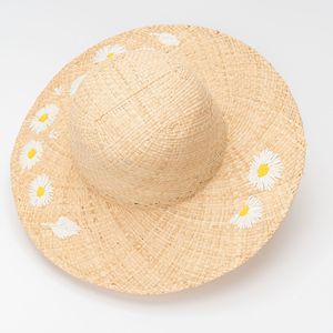 Chapeau de paille en raphia à <span class=keywords><strong>large</strong></span> bord rond et plat, style japonais, motif de petites marguerites, ajouré à carreaux, pour femme, idéal pour la plage, la campagne et la ferme, protection solaire estivale - Product Image 4