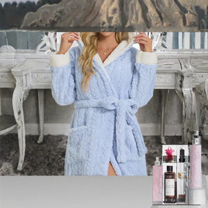 <b>Women</b> Sherpa Lined <b>Robe</b> Hooded Loungewear Soft Plush Bathrobe Home <b>Robe</b> - Product Image 3