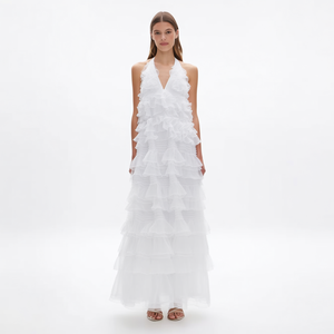 Nuovo Elegante Abito Lungo da Donna Bianco con Collo Halter, Scollo a V Profondo, Balze a Strati <span class=keywords><strong>in</strong></span> Organza <span class=keywords><strong>Trasparente</strong></span> e <span class=keywords><strong>Tulle</strong></span>, Linea ad A, Personalizzabile per Vacanze al Mare - Product Image 2