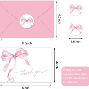Tarjetas de agradecimiento con lazo rosa, sobres y pegatinas, tarjetas de felicitación en blanco con efecto acuarela, acabado mate elegante, forma rectangular - Product Image 2