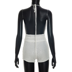 Viviblook J26ST260 Ensemble deux pièces sexy pour femme, débardeur sans manches à col en V et short moulant en dentelle à sequins - Product Image 4