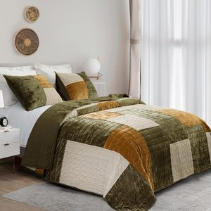 Ensemble de couette patchwork Couvre-<span class=keywords><strong>lit</strong></span> en <span class=keywords><strong>velours</strong></span> ultra-doux Couvre-<span class=keywords><strong>lit</strong></span> en <span class=keywords><strong>velours</strong></span> léger Design patchwork vert et beige - Product Image 4