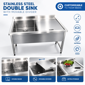 Évier double autoportant en SUS304 avec couvercle coulissant pour <span class=keywords><strong>cantine</strong></span> <span class=keywords><strong>scolaire</strong></span>, hôpital, buanderie - Product Image 4