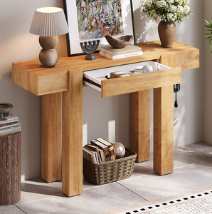 Modern Solid Oak Wood Console <b>Table</b> Hidden Drawer <b>Side</b> Power Outlet Eco-Friendly Durable Entryway Furniture for Home Entryways - Product Image 2