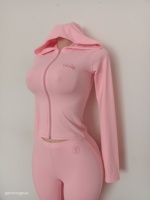 Ensemble de survêtement 2 pièces pour femme avec logo personnalisé, haut court à capuche zippé et pantalon évasé, couleur unie, coupe ajustée, style décontracté